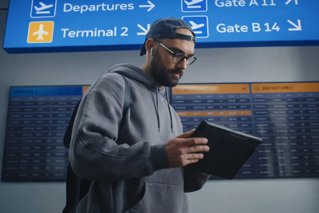 Traveler checking luggage and itinerary before an airport transfer