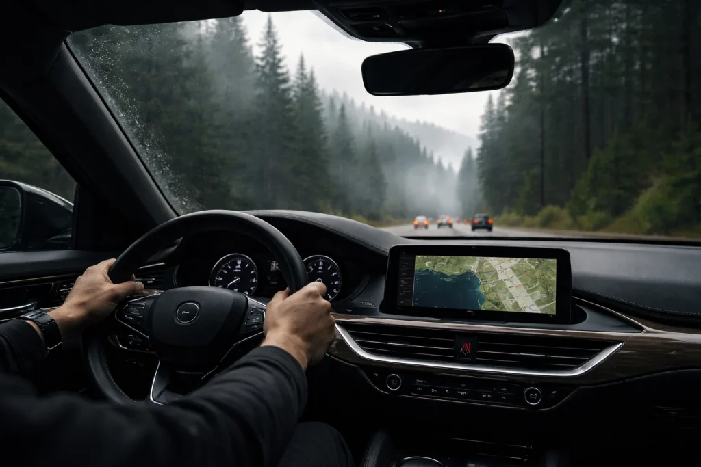 Driver checking route timing with I-5 corridor in the distance