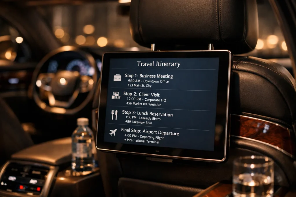 Driver’s tablet showing a multi-stop itinerary with full addresses