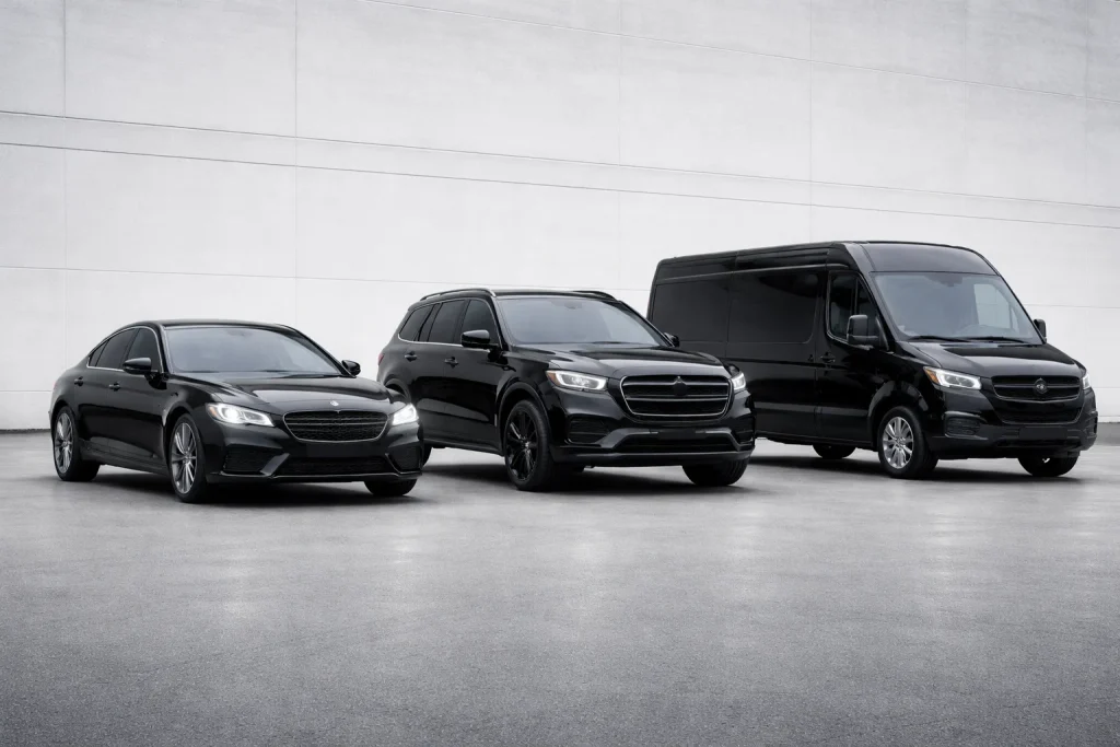Premium sedan, SUV, and passenger van lineup for Tacoma black car service
