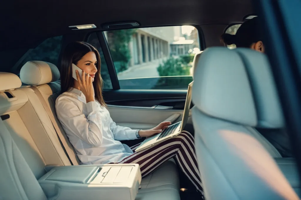 Quiet luxury car cabin set up for phone calls and focused work