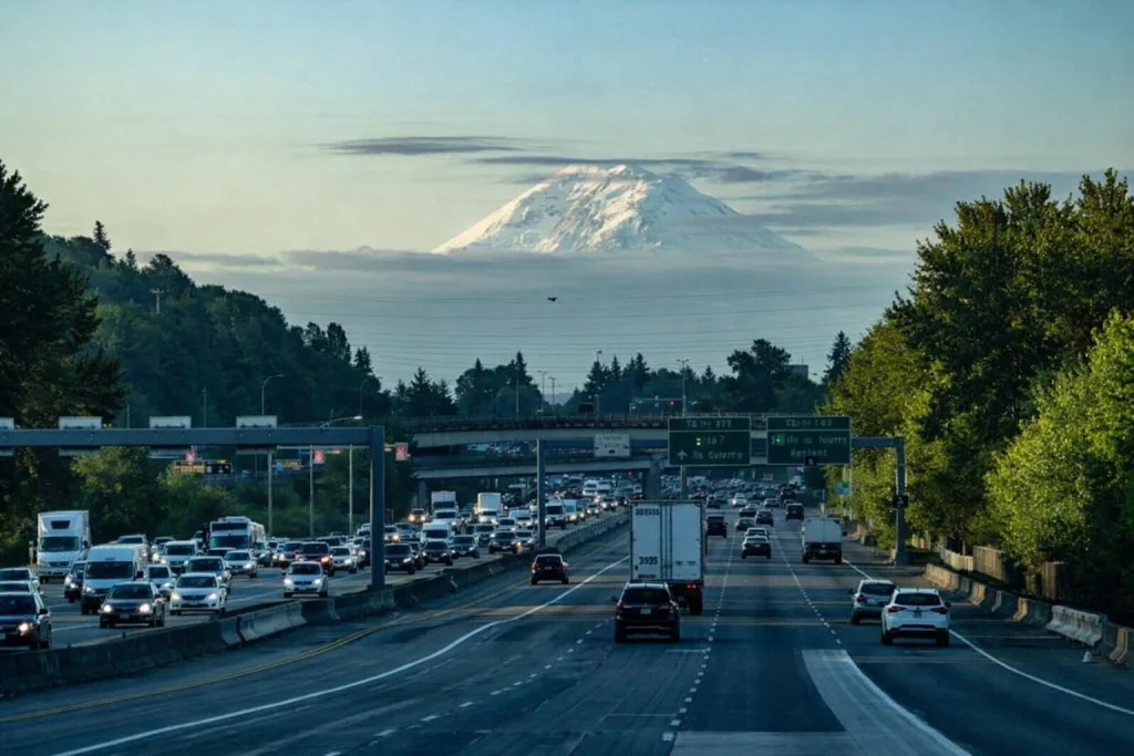 Tacoma-to-Seattle corridor drive with morning traffic