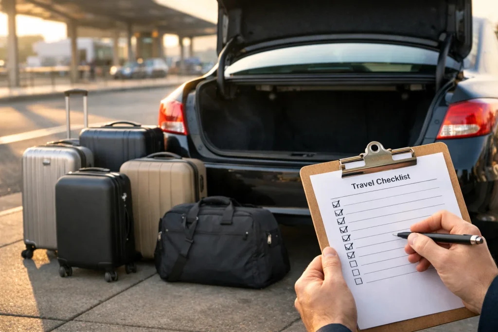 Luggage count and checklist prepared for an airport connection from Blaine
