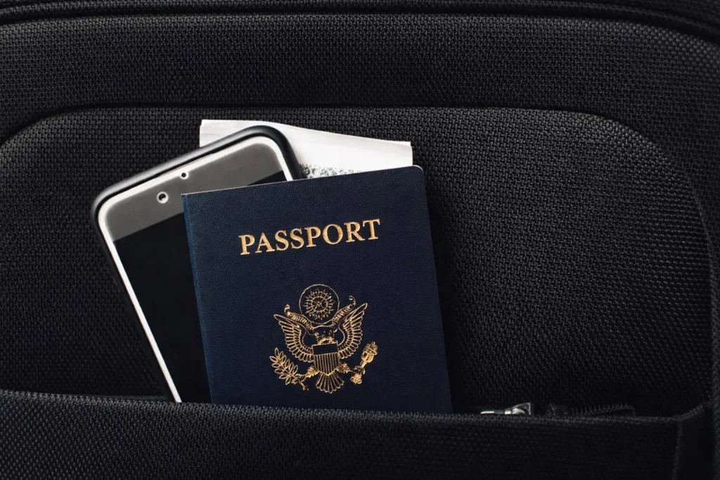 Passports and travel documents organized in back of car seat