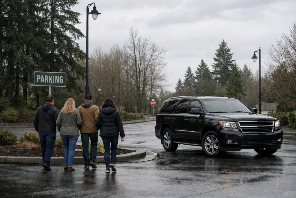 Group meeting at a calm pull-through spot one turn away from the busiest curb