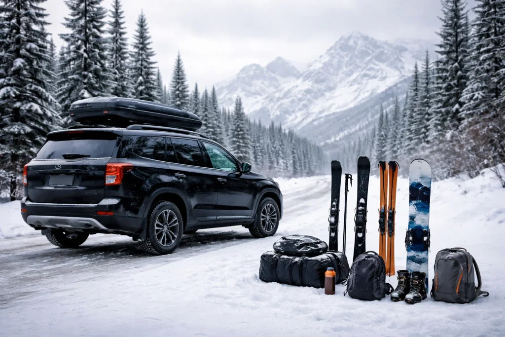 Winter mountain day-trip readiness with gear and a black SUV in snowy conditions