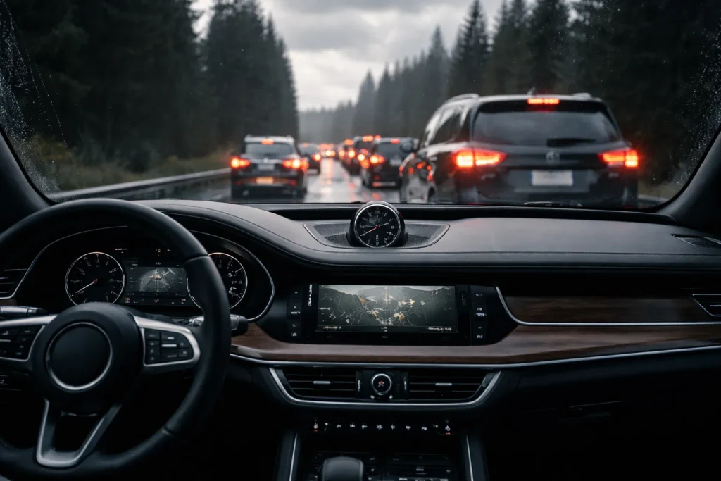 Dashboard clock and slow-moving line ahead representing inspection and recovery buffers