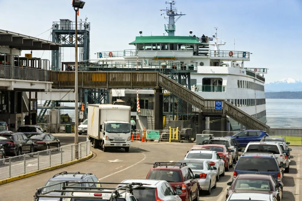 Terminal staging lanes and boarding-line traffic pattern for ferry sailings near Anacortes
