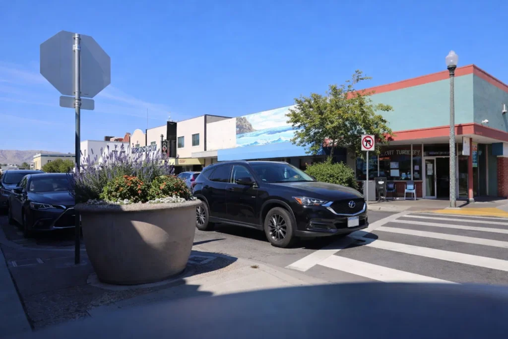 Quiet side-street pickup spot one turn away from a busy curb in Blaine