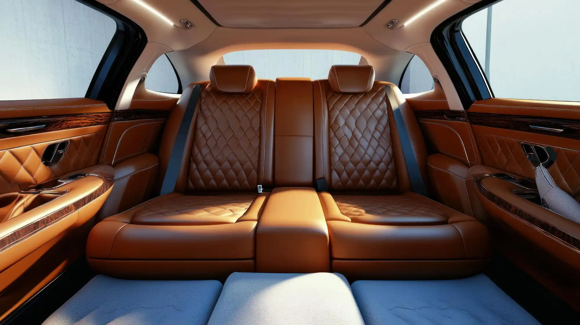 interior of a luxury black sedan with tan leather seats, bottled water, phone charging cable, soft natural light, laptop open on rear seat beside executive travel documents