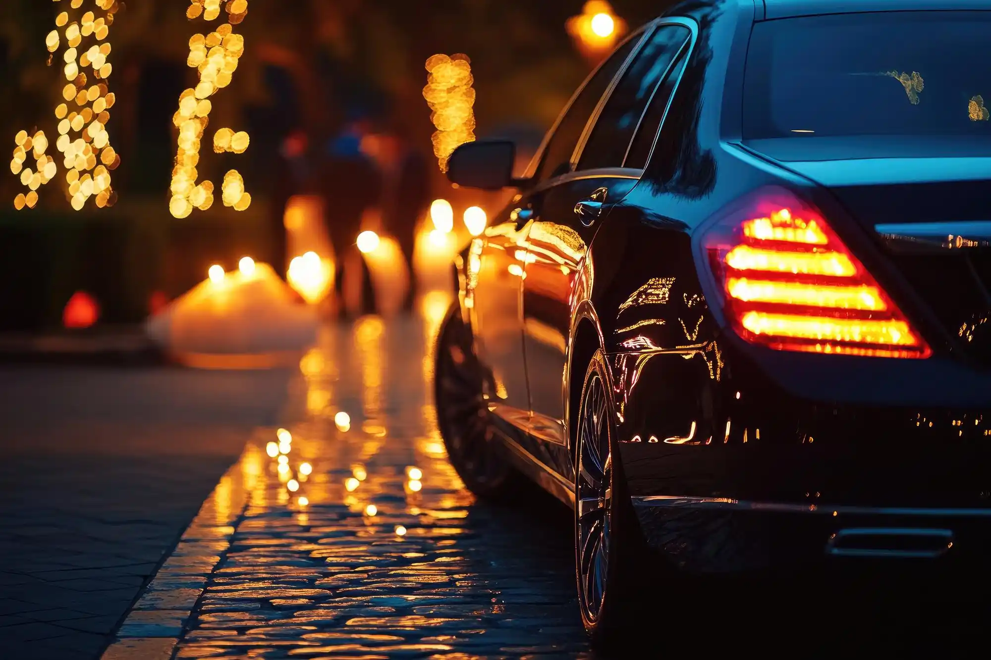 chauffeur in dark suit greeting a businesswoman outside an upscale Bellevue hotel entrance, black luxury vehicle parked curbside, warm evening lighting and concierge background