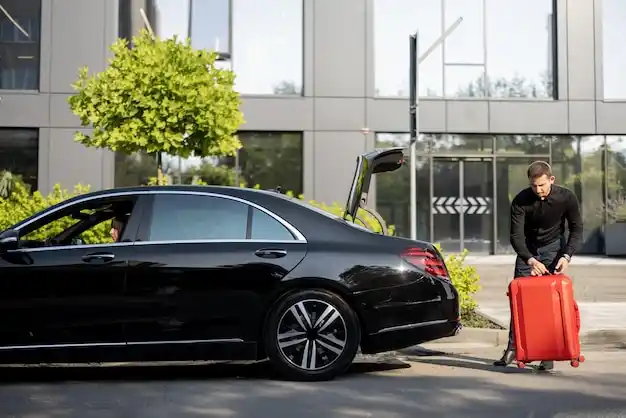 black luxury sedan curbside at Seattle-Tacoma International Airport during early morning light, driver in dark suit holding passenger name sign, rolling luggage and terminal gla...