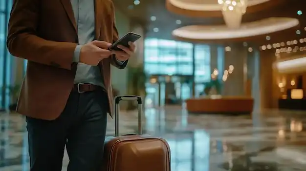 traveler in business attire reviewing airport transportation reservation on smartphone beside carry-on suitcase in upscale hotel lobby in Bellevue