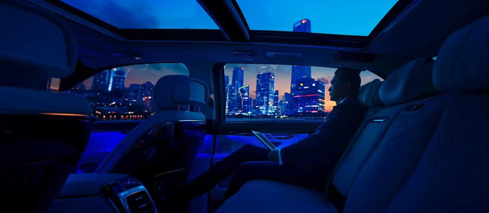 elegant black town car driving on a rain-slick Seattle freeway toward SeaTac Airport, city skyline in background, reflections of lights on pavement, cinematic Pacific Northwest ...