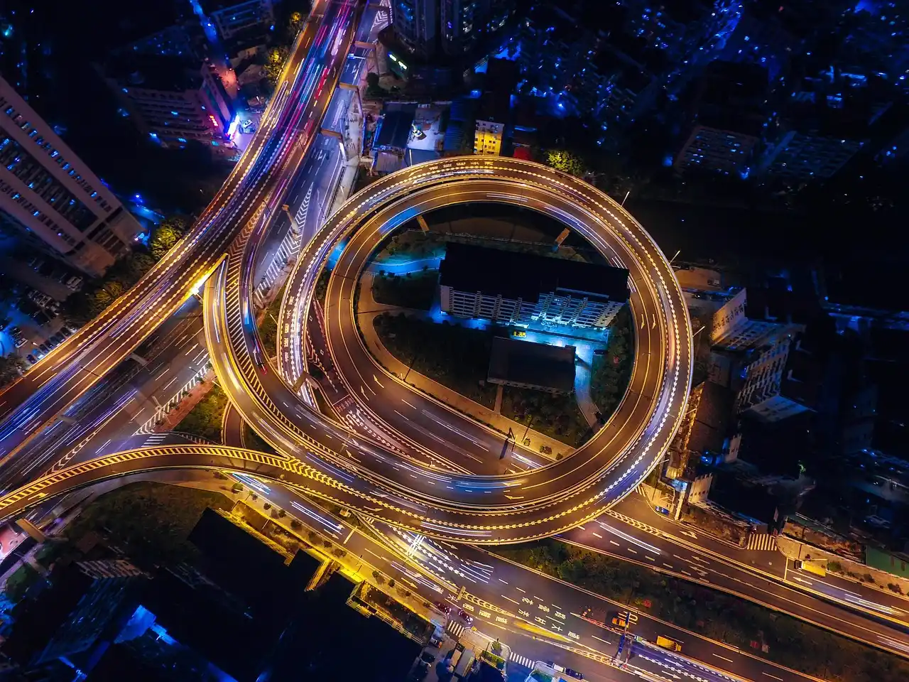 aerial view of Bellevue and Redmond business corridors with highlighted travel routes between office campuses, hotels, and airport, realistic weekday traffic patterns