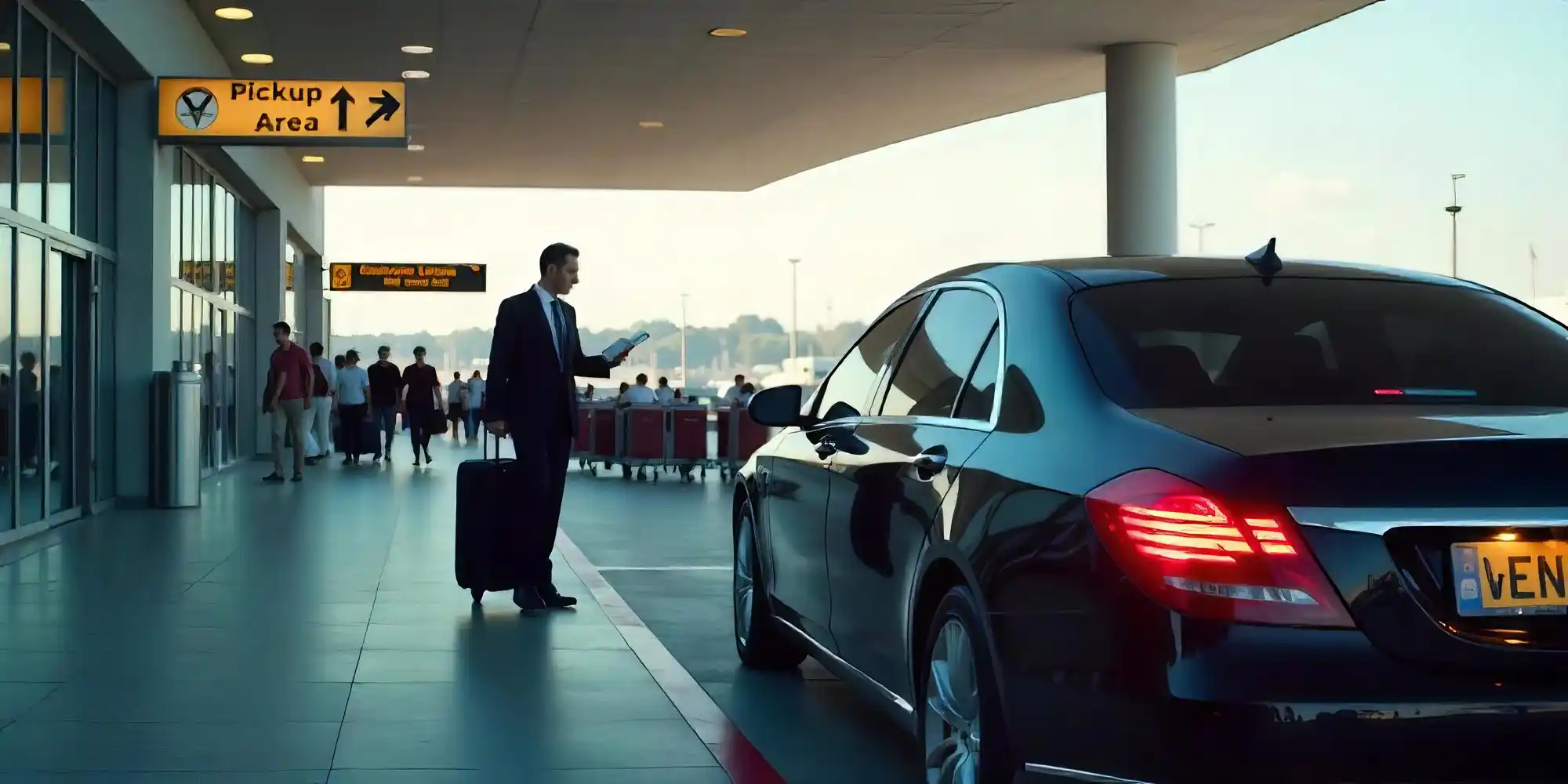 professional chauffeur waiting at Sea-Tac arrivals with subtle name sign beside a polished luxury sedan, executive traveler approaching with carry-on, modern airport lighting
